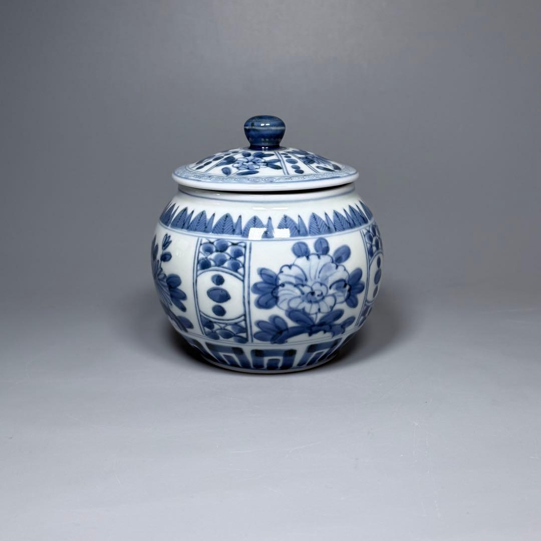 古伊万里　染付芙蓉手蓋物　冨貴長春　状態良し　飴玉入れ