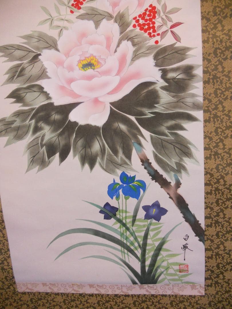 掛け軸 白峰 四季花 絹本 希少 軸装 茶道具 掛軸 美品 です。