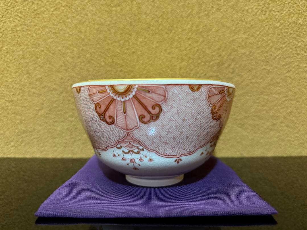 九谷焼　福島武山　赤絵瓔珞文　茶碗　共箱