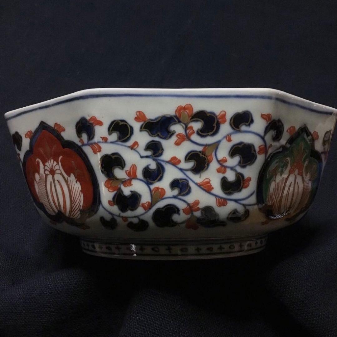 伊万里焼 色絵 草花紋様 八角 七寸深鉢 /骨董/時代物