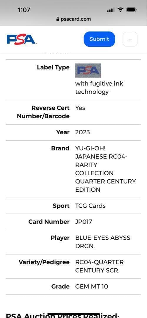 ○【PSA10:鑑定38枚】深淵の青眼龍　遊戯王
