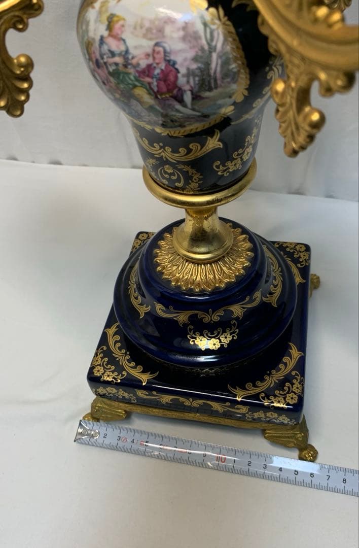 ヴィンテージ伊製コバルトブルー磁器5灯キャンドルスタンドロマンティック調美品豪華