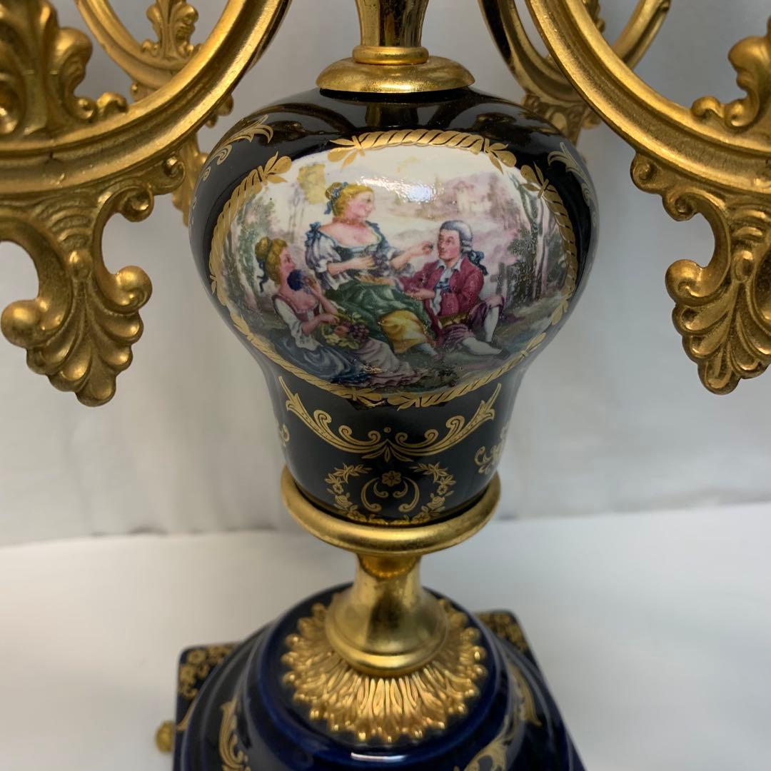 ヴィンテージ伊製コバルトブルー磁器5灯キャンドルスタンドロマンティック調美品豪華