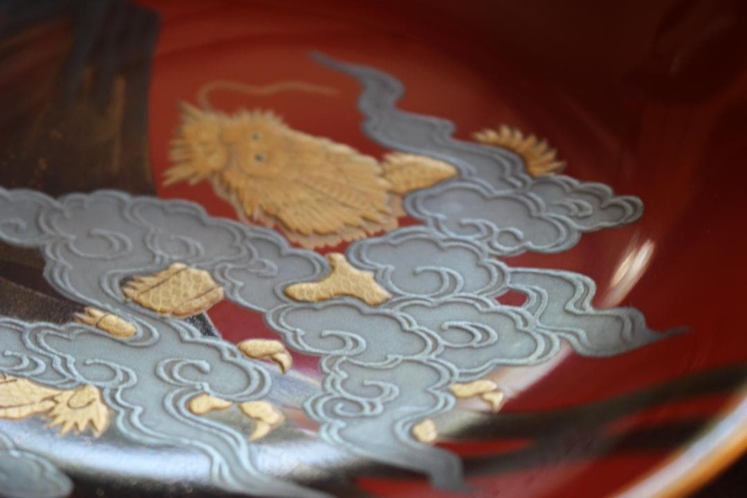 デッドストック！上質金縁朱漆に極上宝珠龍蒔絵の映えるお椀2点（検輪島塗京塗懐石椀