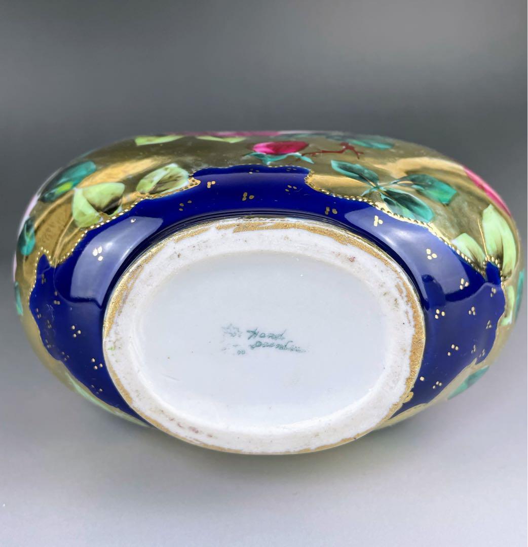 【美品】オールドノリタケ コバルト地 金盛り 薔薇紋 花瓶 メープルリーフ