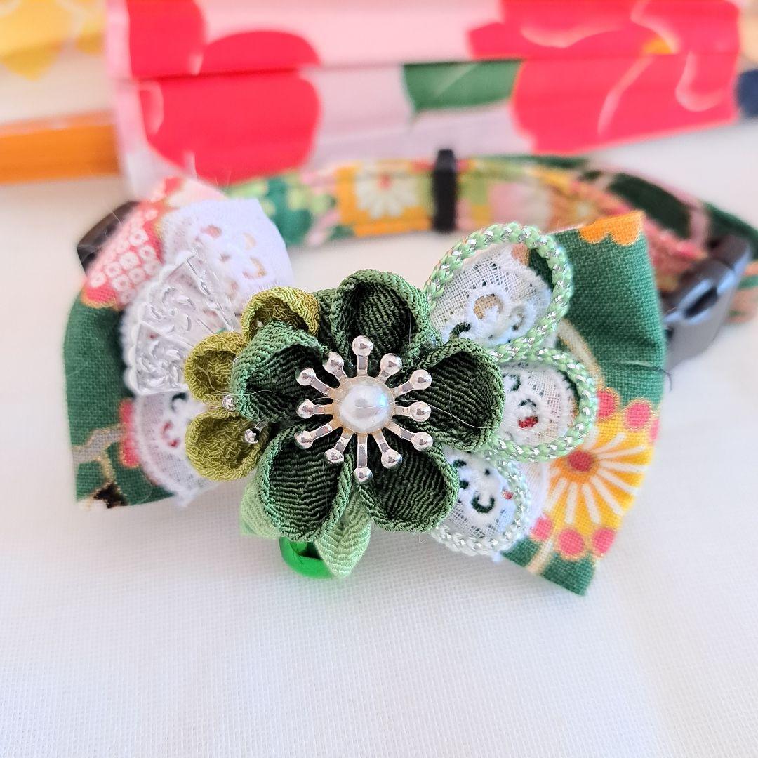 シングルリボン、和風つまみ細工(緑)わんちゃん猫ちゃん用首輪