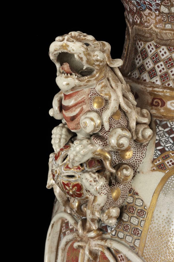 【極上薩摩焼】特大金襴手色絵 獅子 香炉 飾壺 陶器 骨董 古美術 アート 花瓶