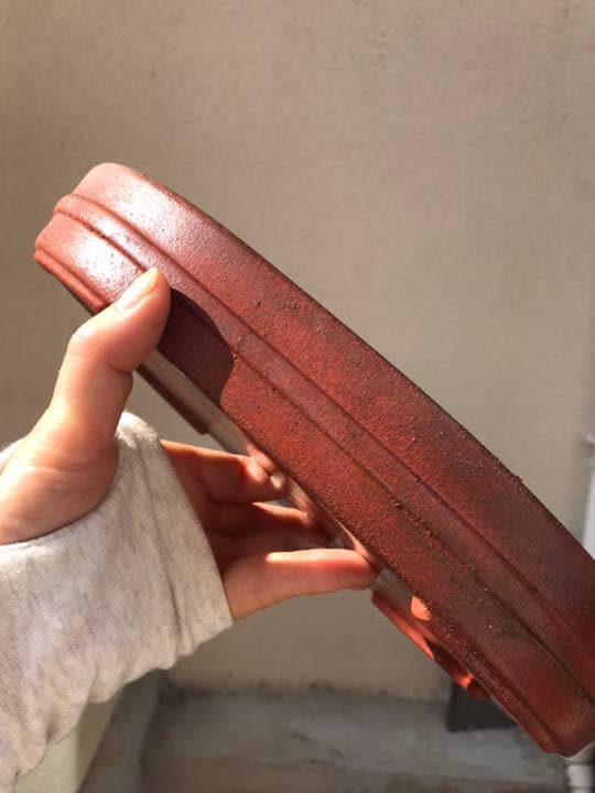 盆栽鉢　時代落款万一紅泥朱泥梨皮楕円胴帯盆栽鉢大小2点セット山野草寄せ植え植木鉢