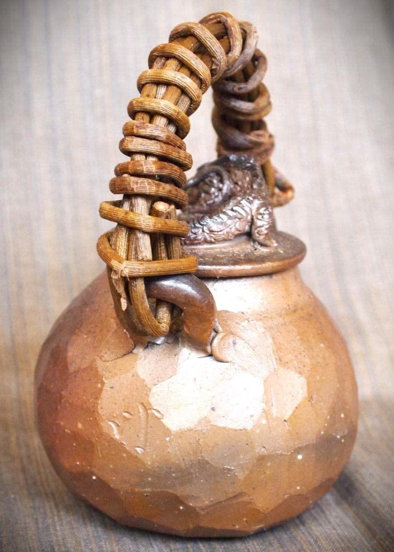 新品★竹内靖之【師：山本陶秀】★★備前龍摘み籐手付き面取り土瓶