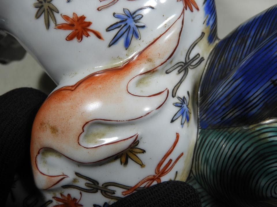 ●江戸期 傑作 古伊万里 柿右衛門様式 色絵 角獅子 独角獅子 妖怪 23cm高