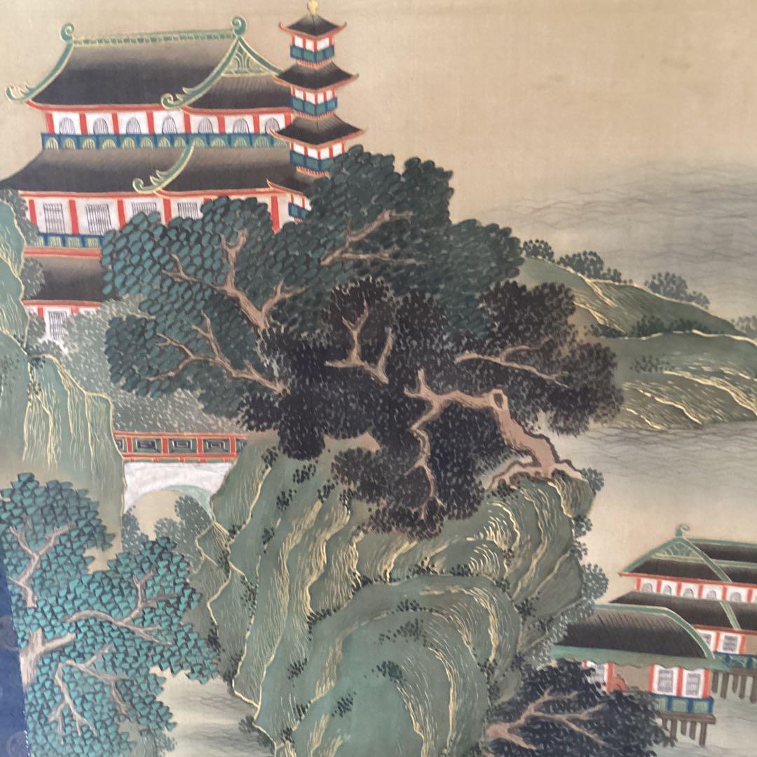 柳澤淇園　絹本着色　掛軸一幅【湖畔に浮かぶ風景画】岩絵具　軸先良品　模写　245