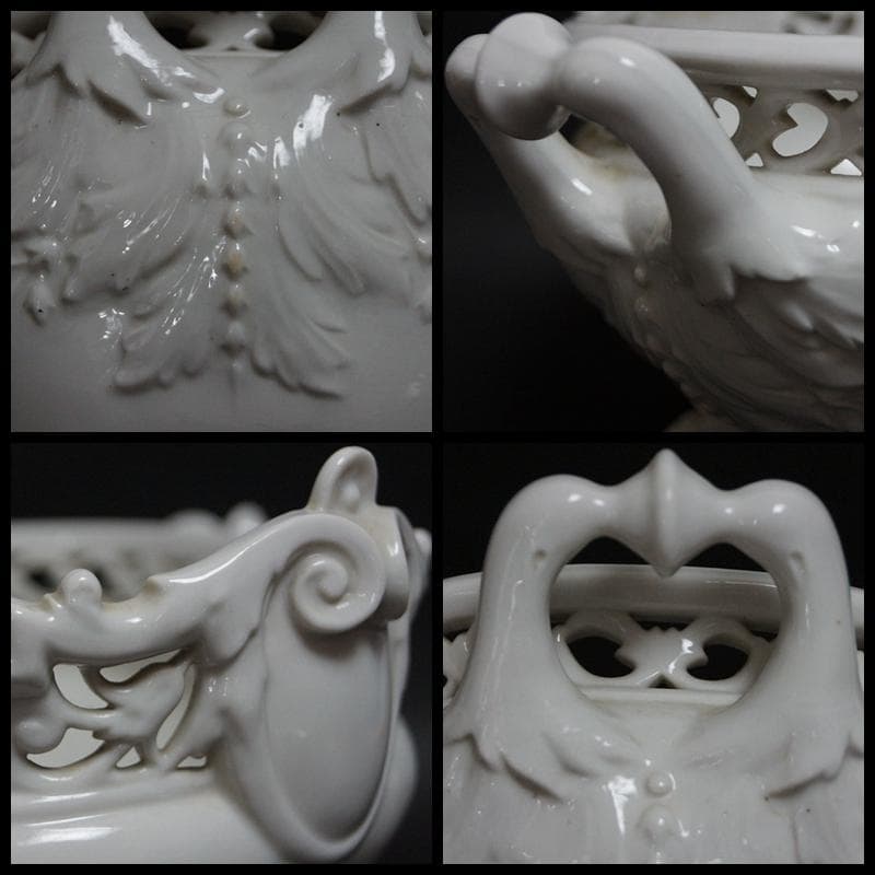 明治期 京都陶器會社作 白磁 細工彫り『花文』透かし彫 鉢 深鉢 飾り鉢 獣足