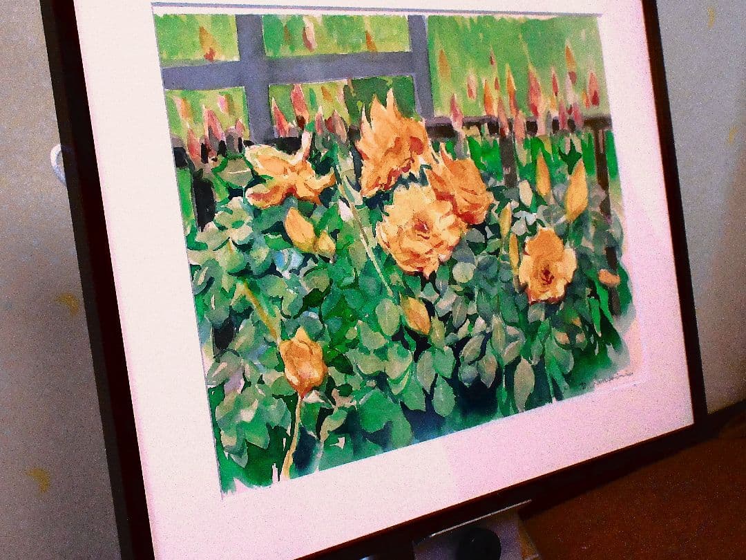 バラ園にて(水彩画 額縁付き)