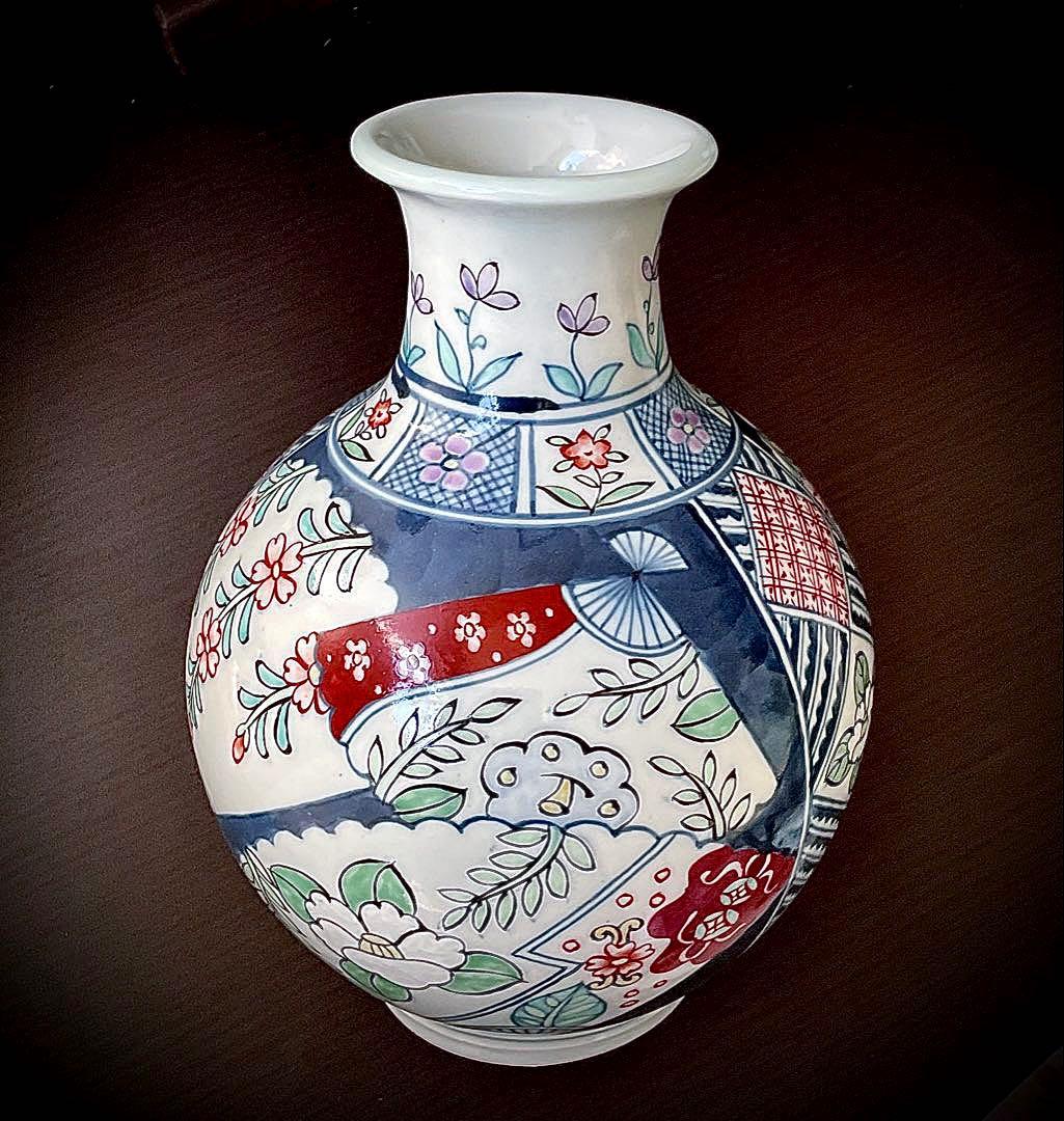 №８７６　佐藤走波（六代）　花瓶or つぼ　染錦　扇絵辻が花文【特特選•一点物】