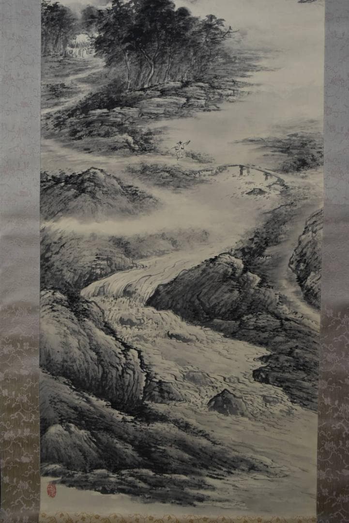 【真作】越智東豫/山水人物画賛/掛軸/名家伝来/AA-204