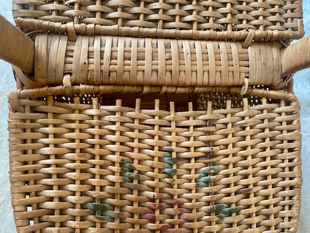 ローズパニエ大　バラペイント蓋付きバスケット　フランスアンティーク　かご　カゴ籠