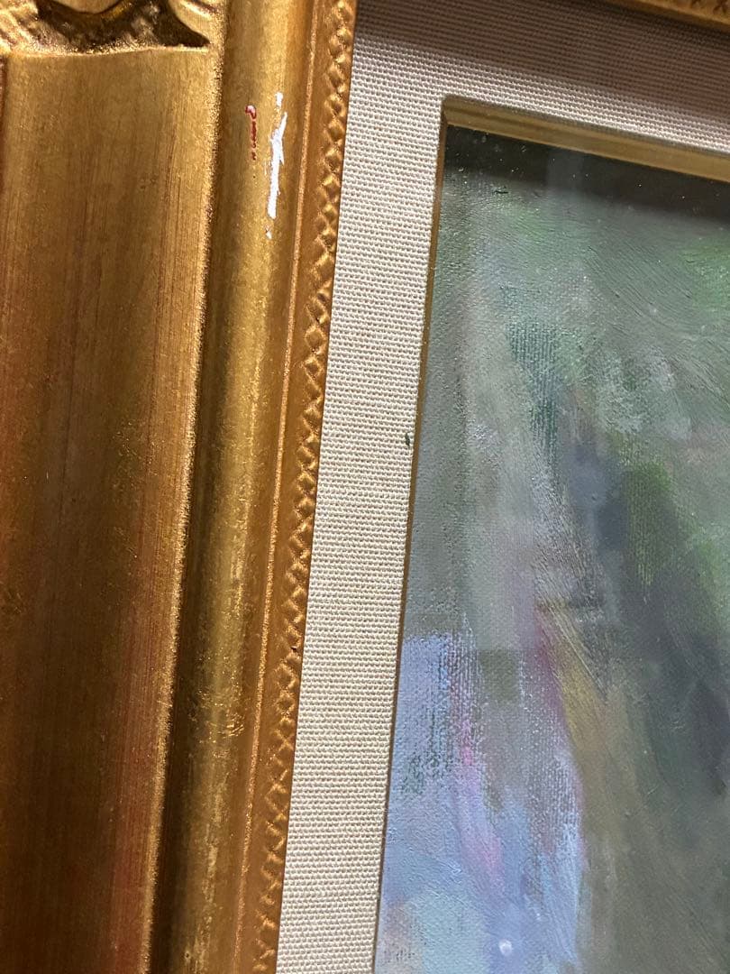 赤いバラの油彩画 金色フレーム