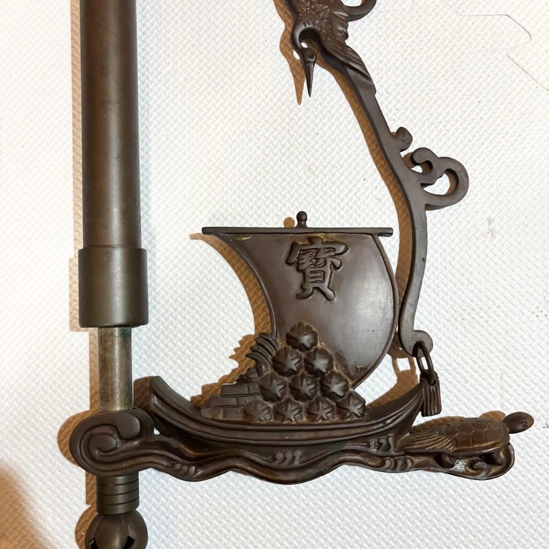 自在鉤 真鍮製 囲炉裏 茶道具 宝船 鶴 亀 アンティーク ビンテージ