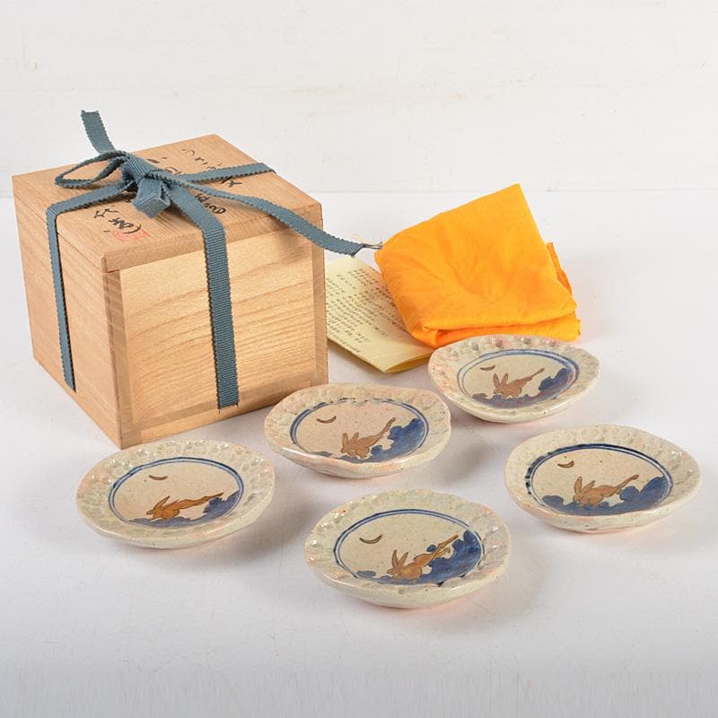 九谷焼　長谷川紀代造　色絵　うさぎ文　小皿　手塩皿　五客　共箱　M　6445