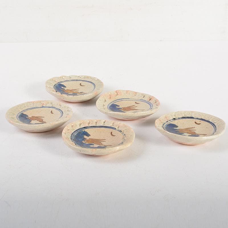 九谷焼　長谷川紀代造　色絵　うさぎ文　小皿　手塩皿　五客　共箱　M　6445