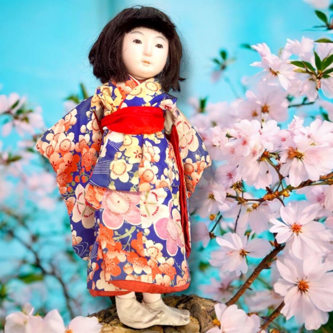 市松人形 明治期 1868年〜 三つ折れ ふいご 山桜 青縮緬着物 花柄 着物