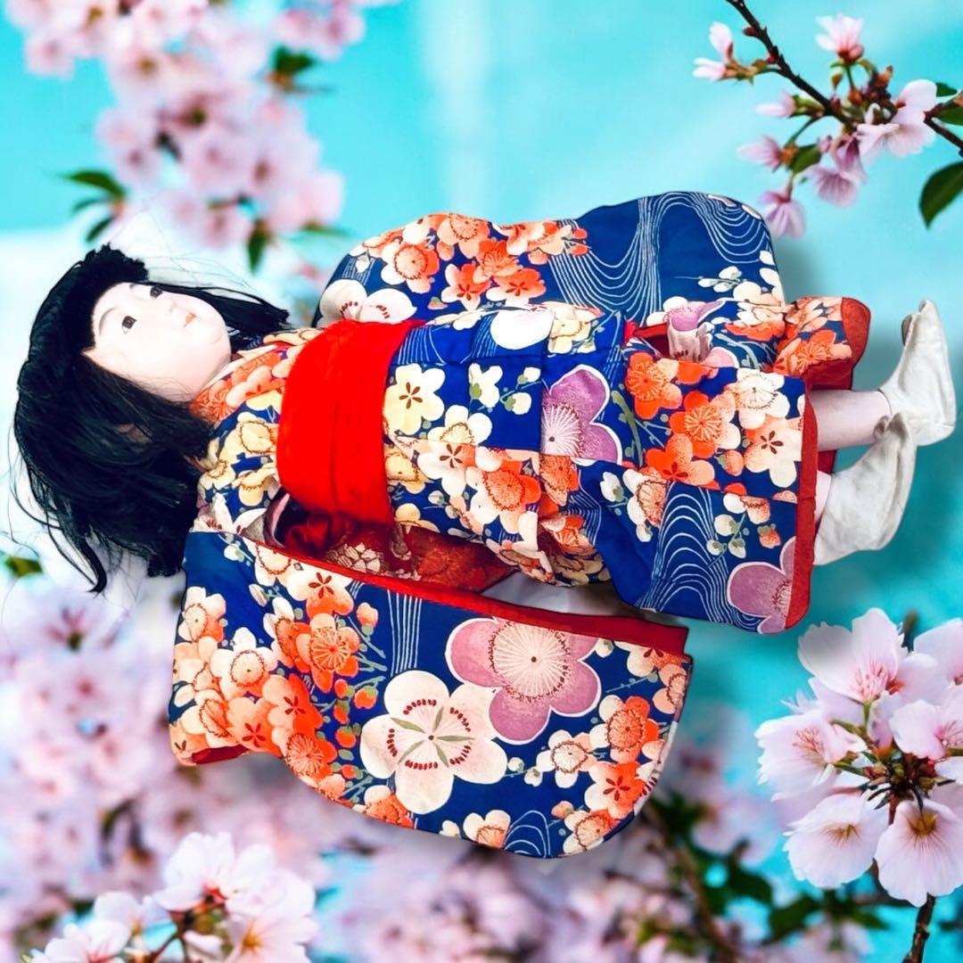 市松人形 明治期 1868年〜 三つ折れ ふいご 山桜 青縮緬着物 花柄 着物