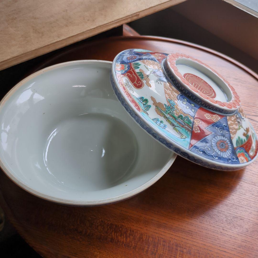 骨董 伊万里 染錦 蓋付き 器 大平 壽 縁起柄 アンティーク 美品 食籠