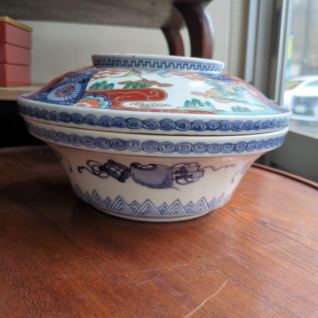 骨董 伊万里 染錦 蓋付き 器 大平 壽 縁起柄 アンティーク 美品 食籠