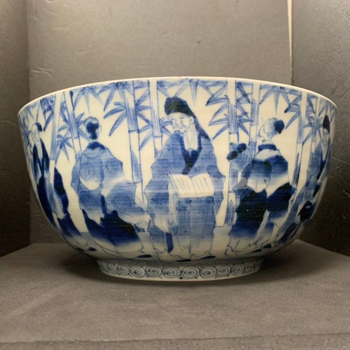 古伊万里　竹林七賢人　明月清風 銘　染付大鉢　手書き　染付　鉢　皿　絵皿　陶磁器