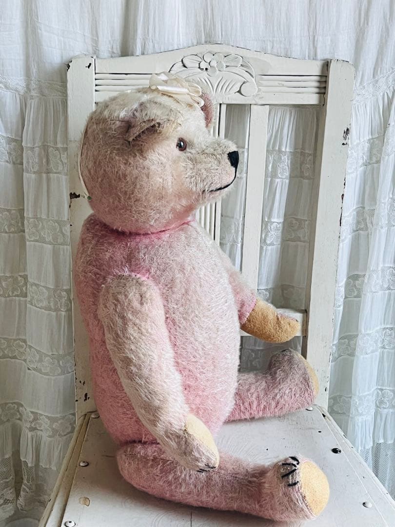 ドイツアンティークビンテージピンクテディベア ぬいぐるみベアビスクドールドレス