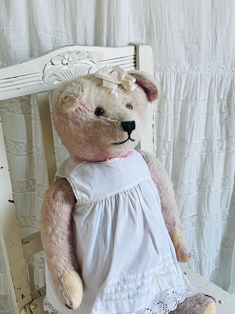 ドイツアンティークビンテージピンクテディベア ぬいぐるみベアビスクドールドレス