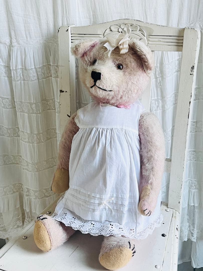 ドイツアンティークビンテージピンクテディベア ぬいぐるみベアビスクドールドレス