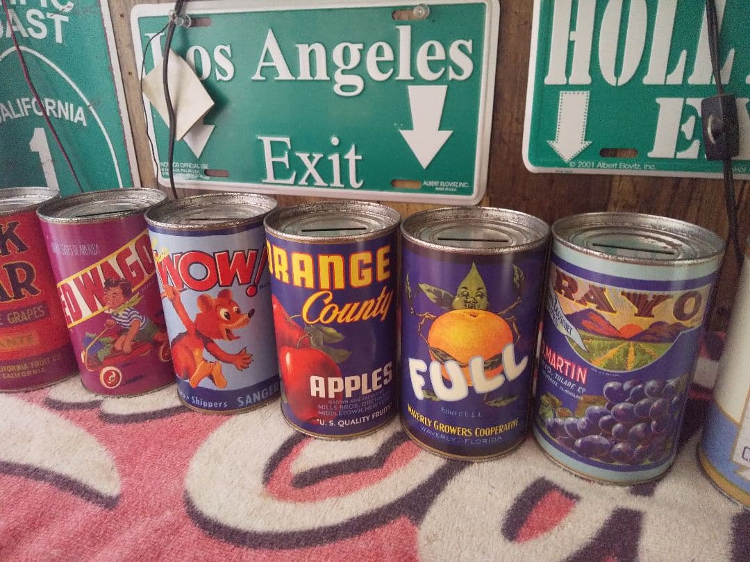 レトロ、アンティーク風 缶詰型の貯金箱7つセット スチール缶アメリカン雑貨