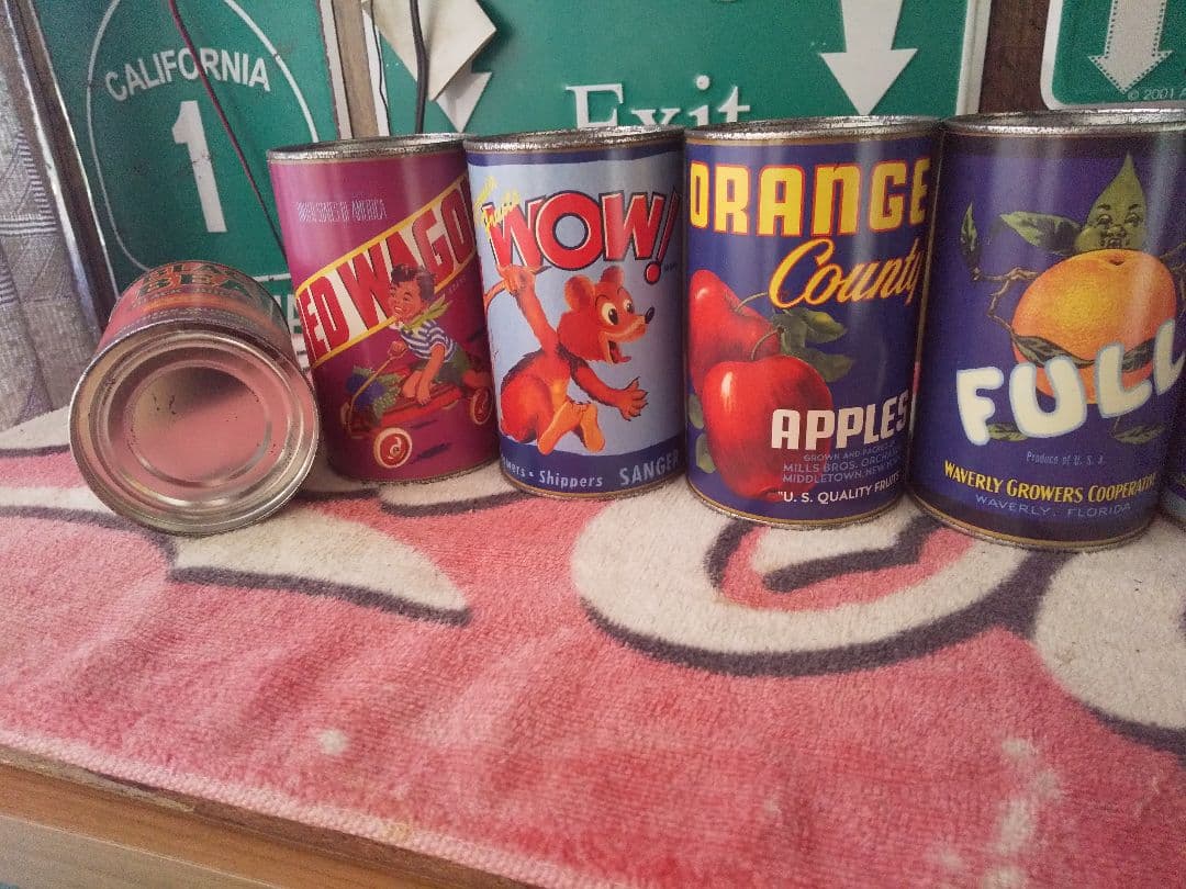 レトロ、アンティーク風 缶詰型の貯金箱7つセット スチール缶アメリカン雑貨