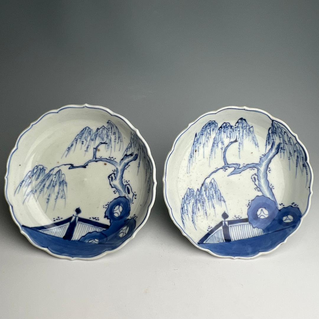 古伊万里 染付 柳紋陵花皿 六客