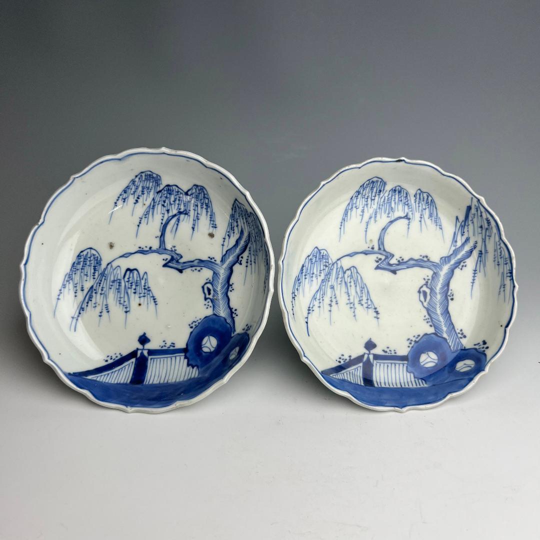 古伊万里 染付 柳紋陵花皿 六客