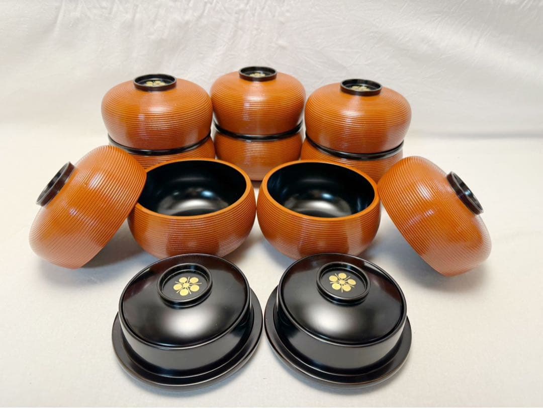 未使用 茶道具 木製 ひさご 弁当 千筋 梅蒔絵 内黒 5客揃え 懐石道具 紙箱