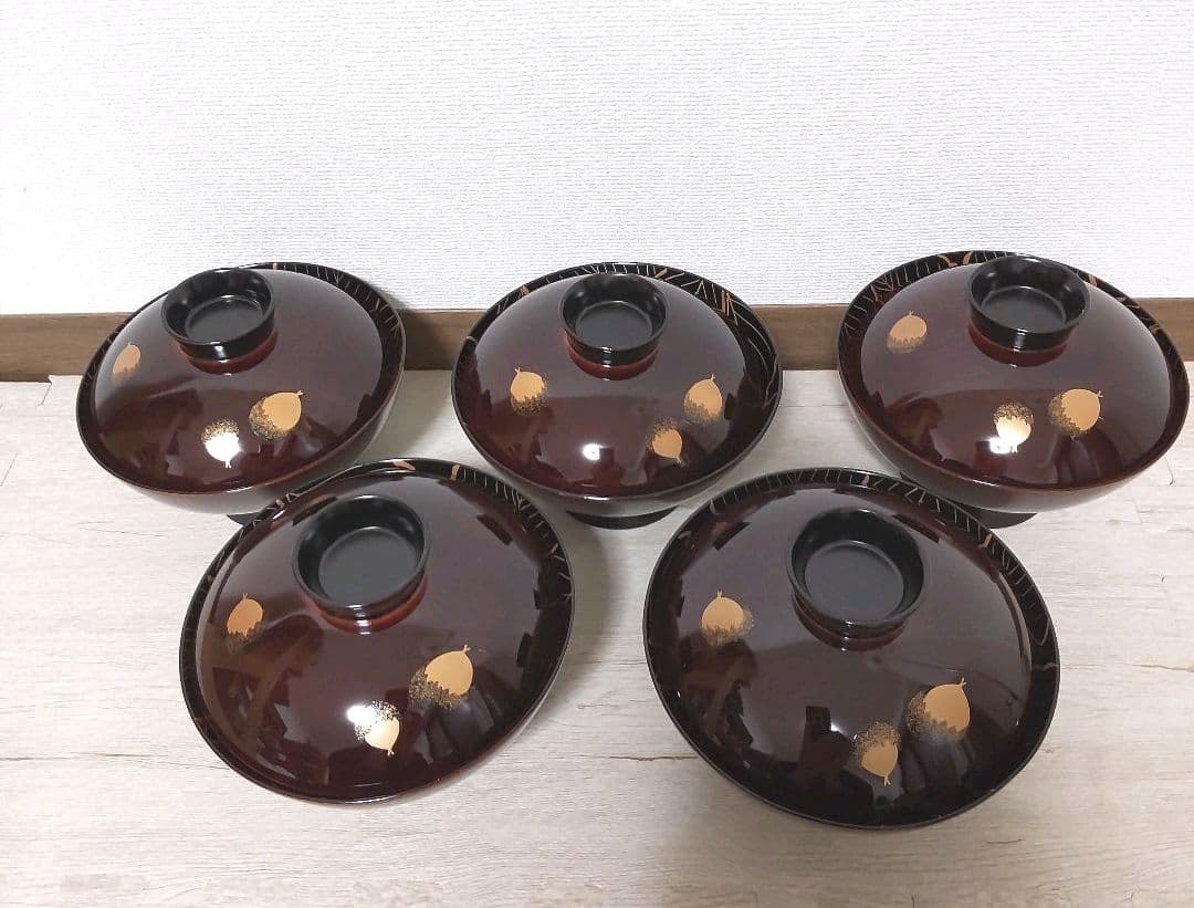 お値下げしました、柏に団栗　蒔絵　吸物椀　5客組