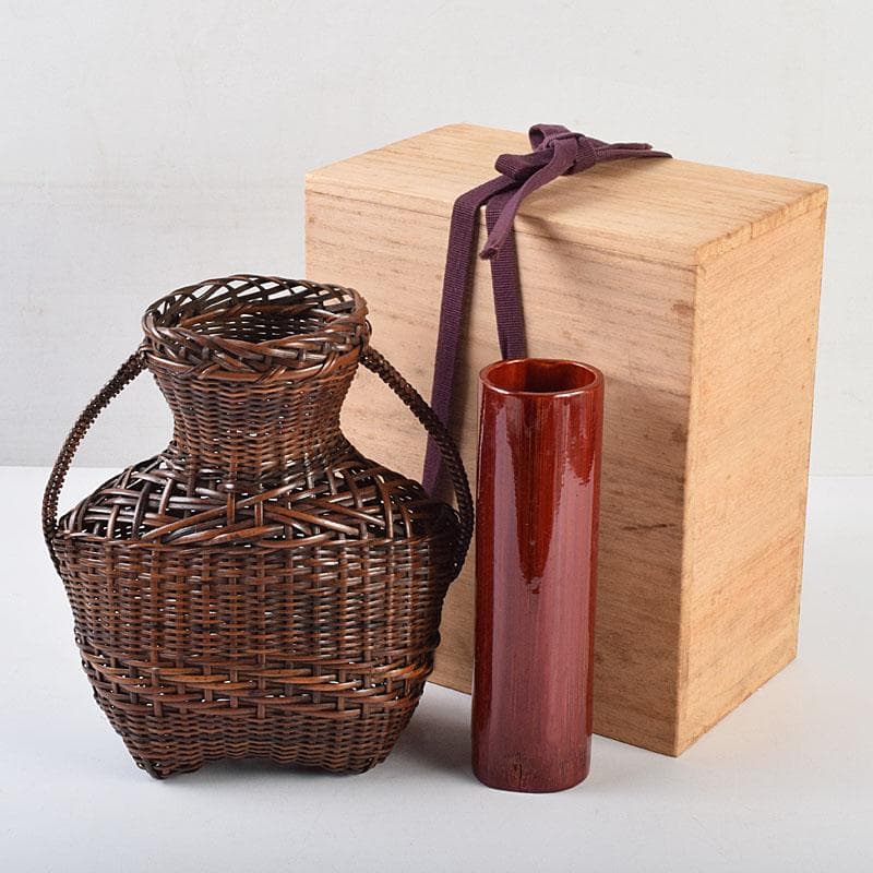 茶道具　吉田ふみ与作　耳付掛花籠　籠花生　時代箱付　V　R9539