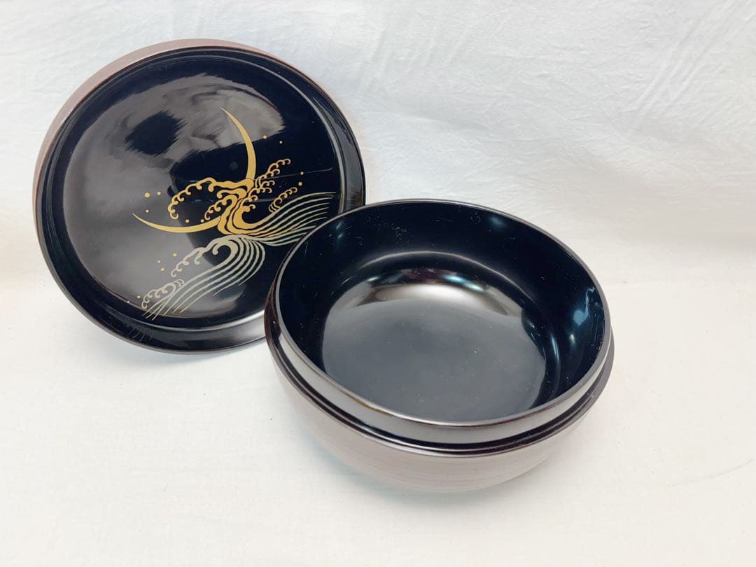 ほぼ未使用 茶道具 漆芸一后一兆作 塗師静峰 輪島塗溜塗 波蒔絵食籠 千筋 刻印