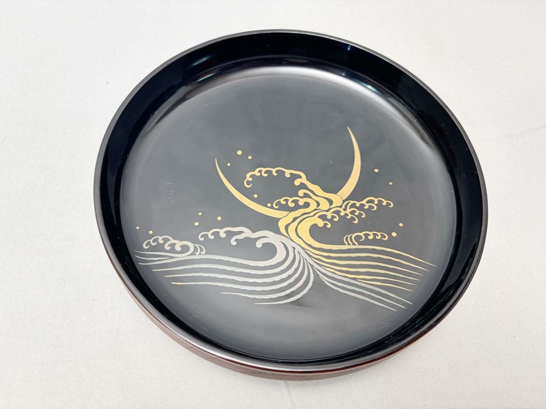 ほぼ未使用 茶道具 漆芸一后一兆作 塗師静峰 輪島塗溜塗 波蒔絵食籠 千筋 刻印