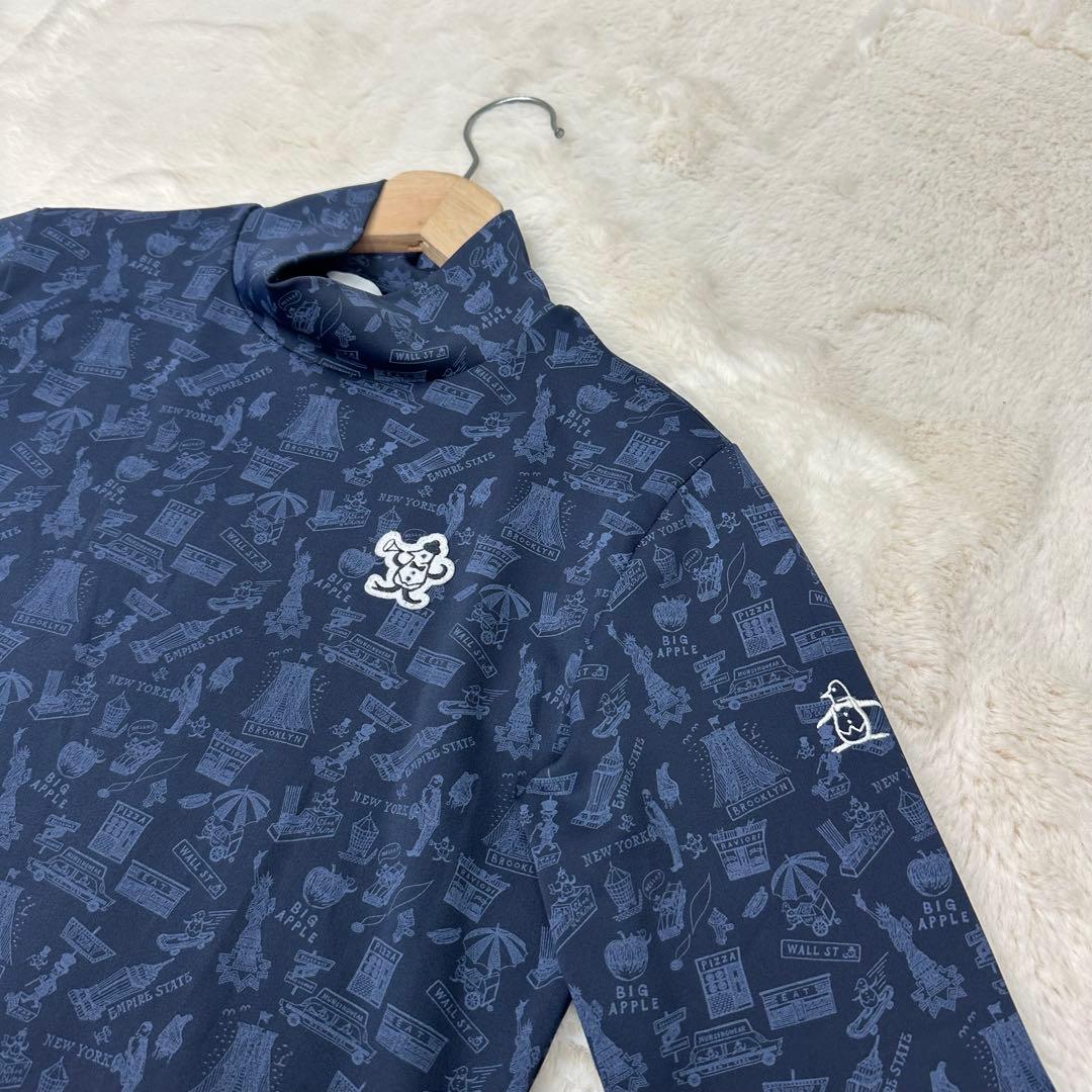 ✨美品✨マンシングウェア 西脇光重コラボ 防風 NY総柄 ハイネックシャツ 紺