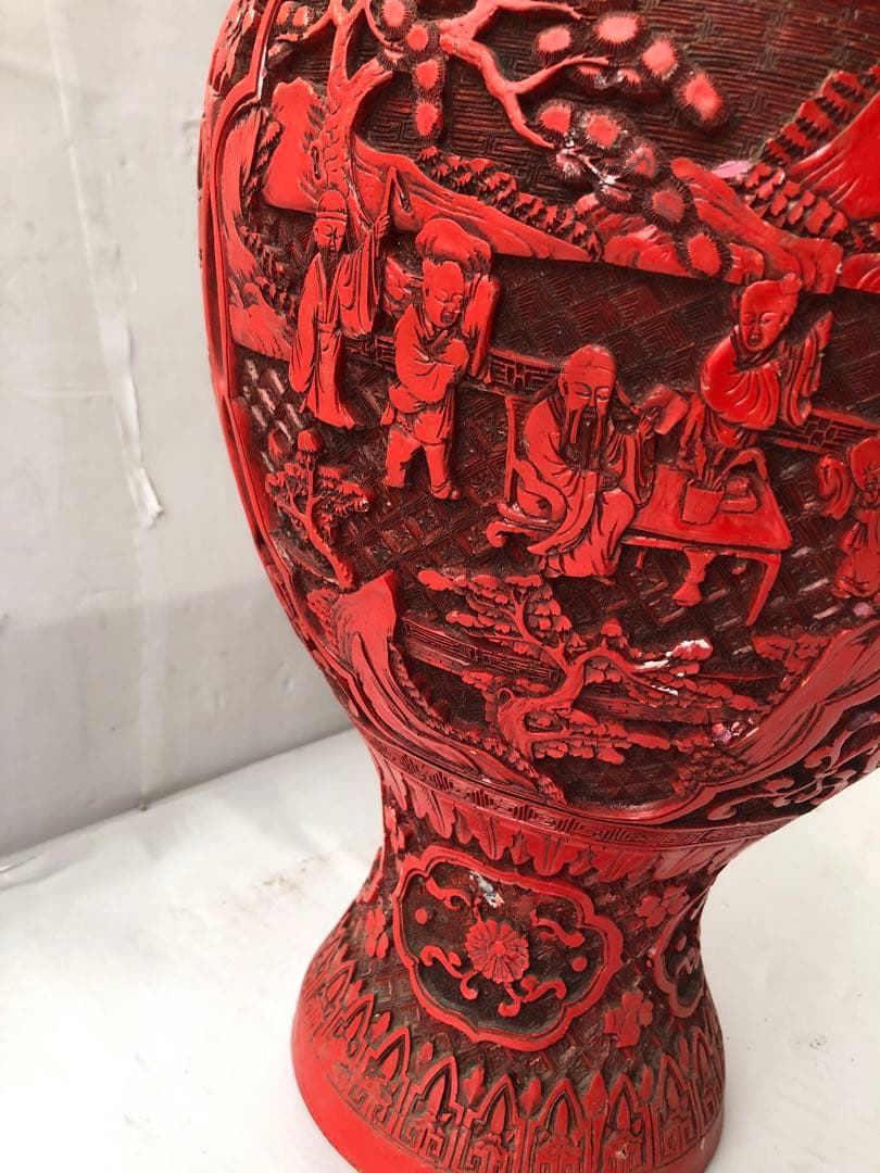 中国美術 人物彫文堆朱花瓶 高48cm 銅製 細密細工 花文 骨董(I95)