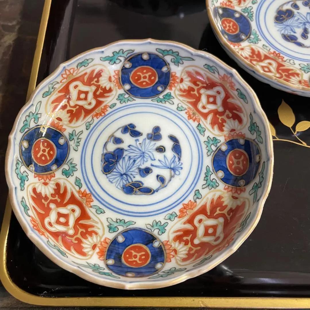 ◆199◆　＊或化年製　江戸時代古伊万里染付　輪花皿5枚　色絵　小皿　骨董