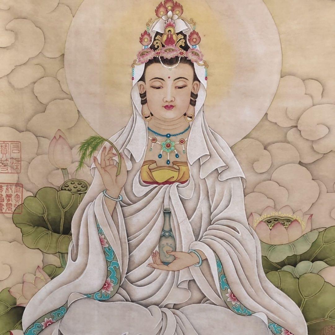 掛け軸 四尺中堂 仇英 観音菩薩 観音像 中国仏画 仏教美術 絹本 証書付