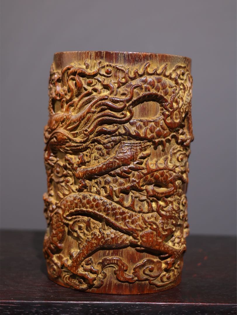 珍蔵　文房具　筆筒 天然　双龍　竹彫り　時代物　文房具　古美術　インテリア　美品