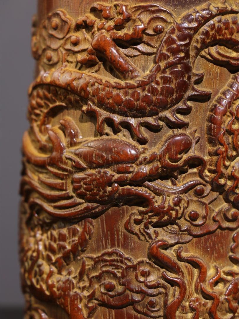 珍蔵　文房具　筆筒 天然　双龍　竹彫り　時代物　文房具　古美術　インテリア　美品