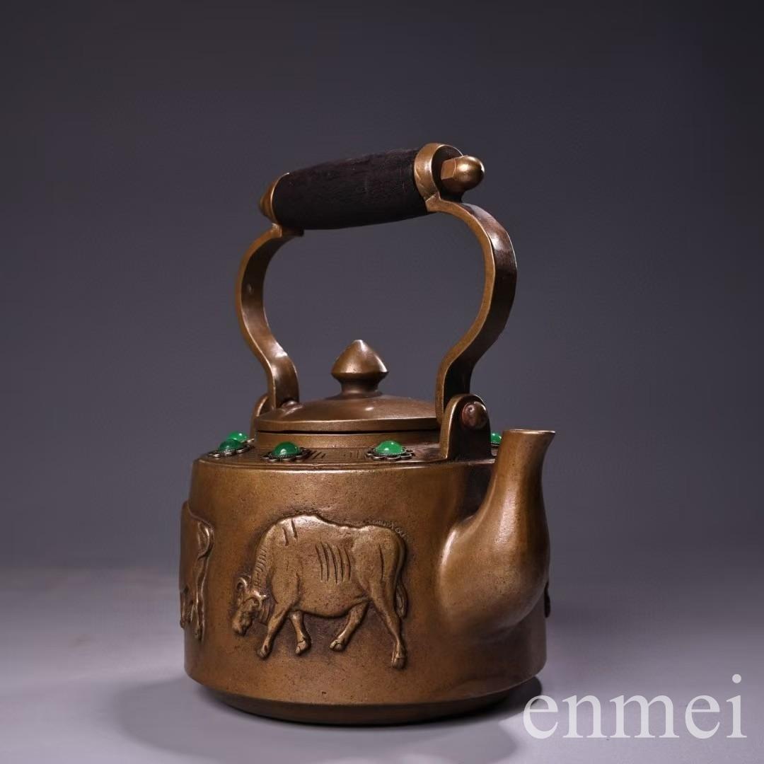 中国古美術・古純銅五牛急須・宝石急須・高浮彫り・純手作り・急須・茶壺・煎茶道具