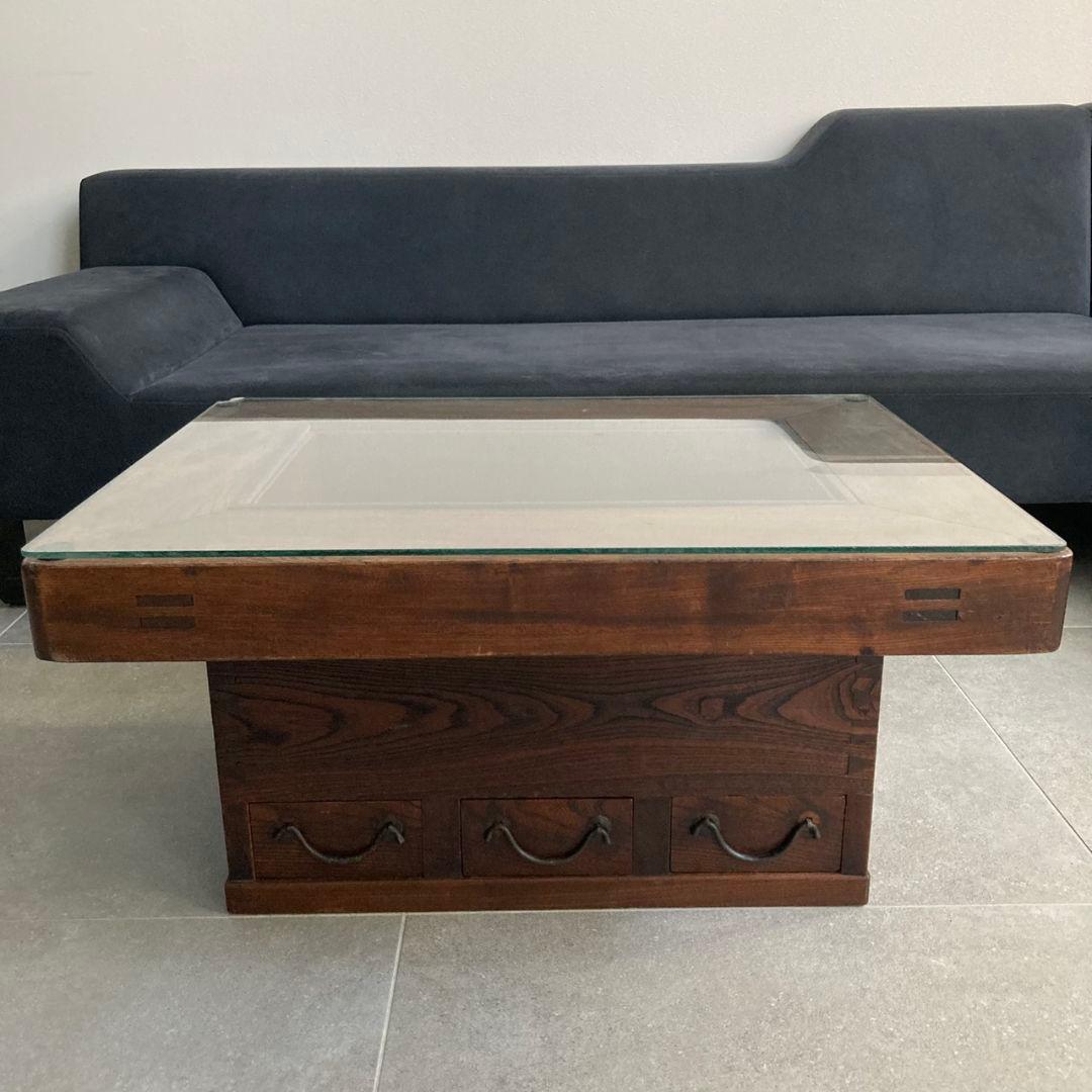 囲炉裏テーブル 時代家具 アンティーク古家具　侘び寂び ガラス 引き出し付