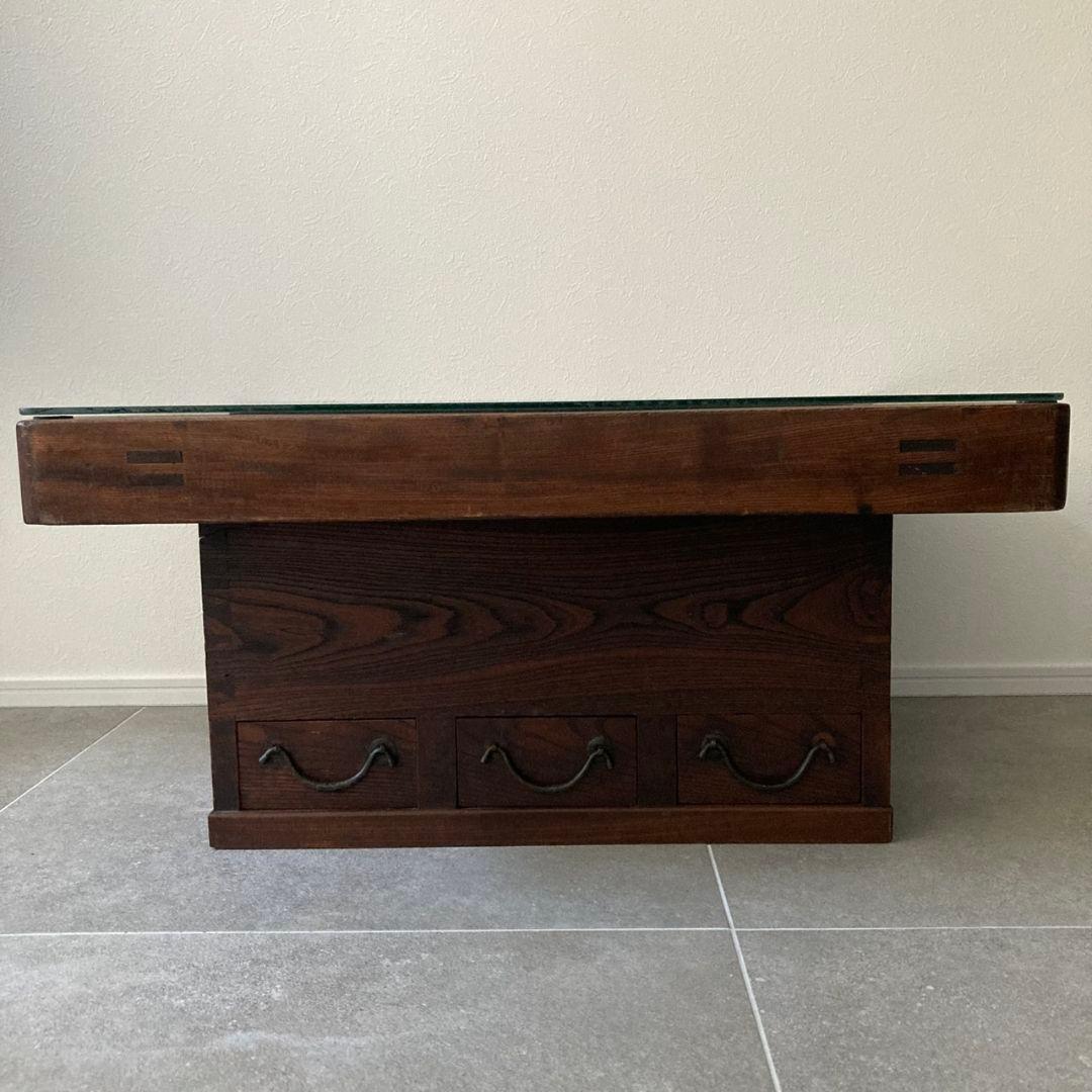 囲炉裏テーブル 時代家具 アンティーク古家具　侘び寂び ガラス 引き出し付